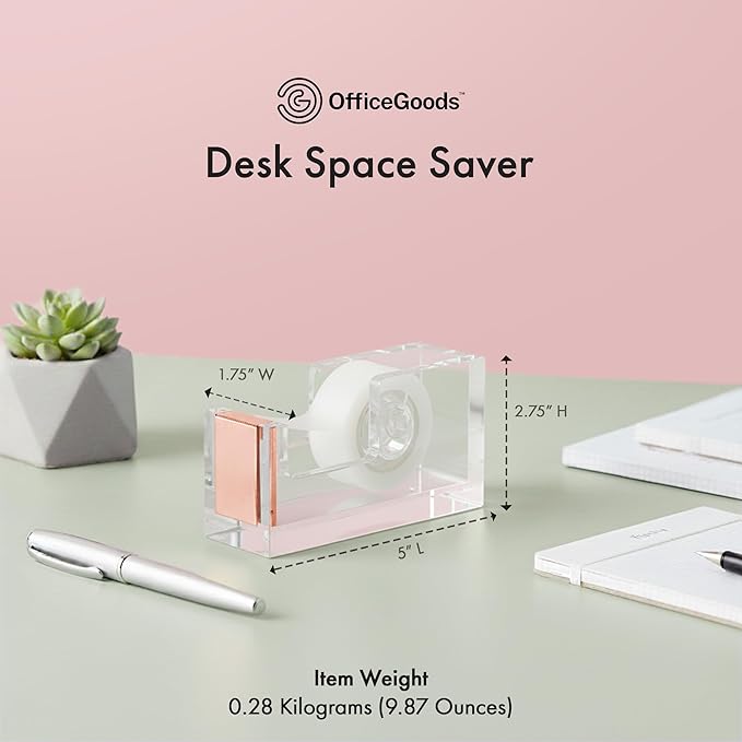 OfficeGoods Acrylic Tape Dispenser – Modern Desk Organizer for Office Supplies, Heavy Duty Refillable Tape Holder for Home and School Crafting, Stylish Desktop Accessory for Gift Wrapping, Rose Gold