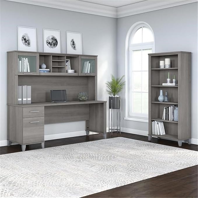 Pemberly Row Office Desk Set, 72W Desk with Hutch and Bookcase, Platinum Gray Engineered Wood, Frosted Glass Doors, Adjustable Shelves, Wire Management, Spacious Home Office Workstation and Storage