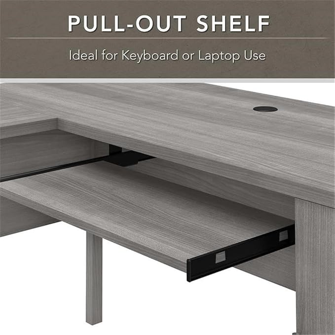 Pemberly Row 60W L Shaped Desk with Hutch and 5 Shelf Bookcase, Gray Finish, Engineered Wood, Wire Management, Pull-Out Tray, Storage Drawers, Frosted Glass Doors, Home Office Furniture Set