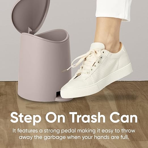 Superio MIni Plastic Bathroom Trash Can with Lid 3 Liter Taupe Modern Curved Step On Trash Can with Foot Pedal, Mini Kitchen Waste Bin, Durable and Soft Close for Bedroom, Office, Under Desk