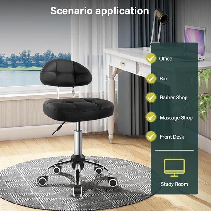 BFTOU Black Square Minimalist Swivel Stool with Wheel for Work SPA Shop Massage Height-Adjustable and Cost-Effective Rolling Stool Chair with Back