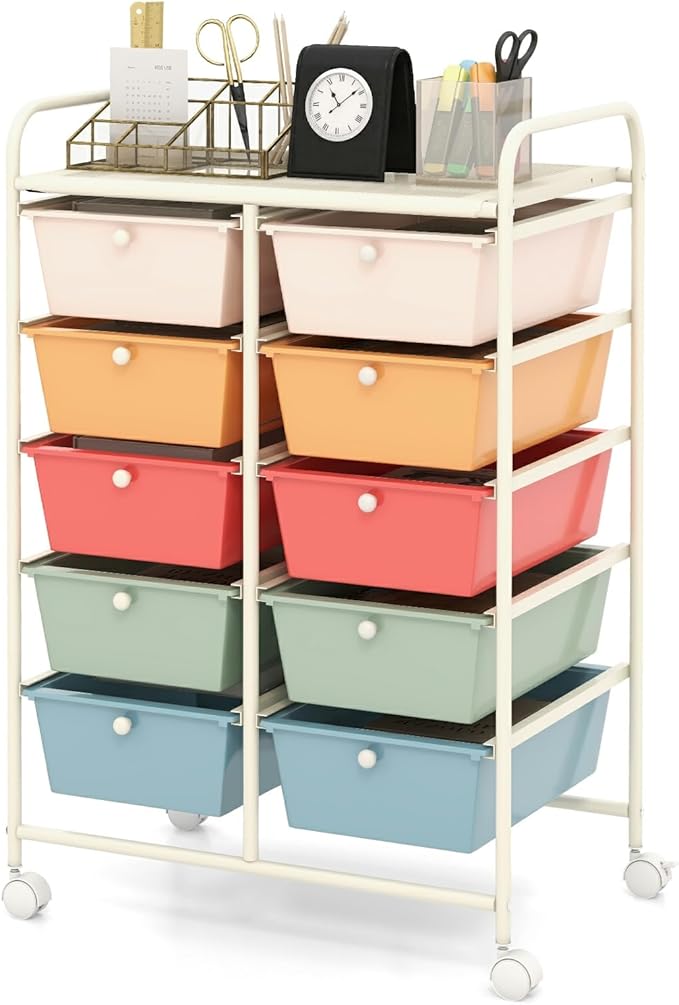 Moccha 10-Drawer Rolling Storage Cart - Under Desk Storage Drawers with wheels for Craft Art Supply Paper Salon, Scrapbook Paper Tools, Mobile Utility Cart for Classroom, Macaron