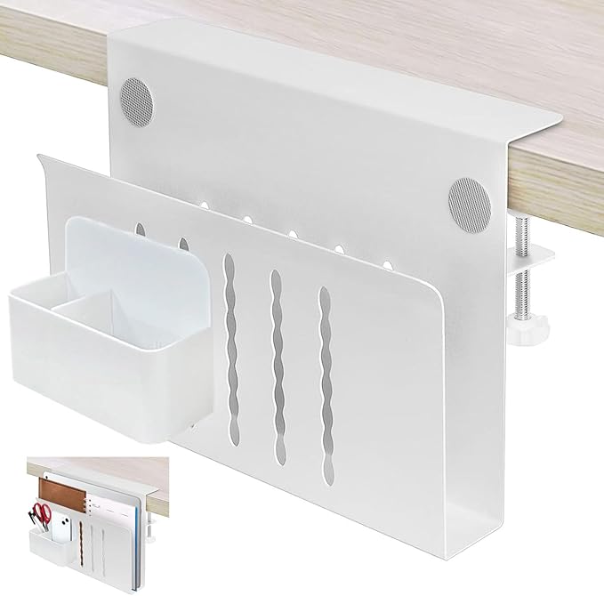 Desk Side Storage, Desk Laptop Holder with Magnetic Pen Holder, No Drill Desk Side Organizer for Office and Home Fits Flat Edge 0.3" to 2.3"