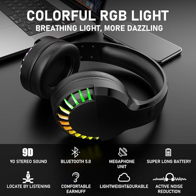 Wireless Bluetooth Headphone with Noise Cancellation HiFi Stereo Sound Mic Deep Bass Protein Earpad Rainbow RGB Backlight Rechageable Over Ear Headset for PC Mac Game Travel Class Home Office(Black)