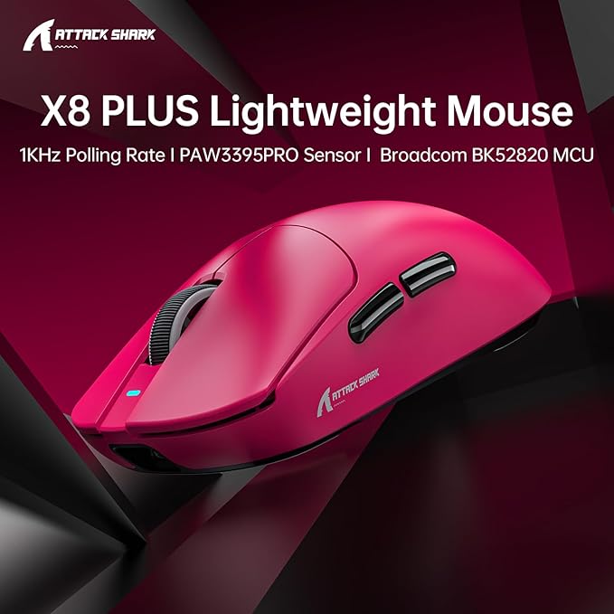 ATTACK SHARK X8 Plus Wireless Gaming Mouse,55g Super Lightweight Wired/BT/2.4GHz Wireless Programmable Mouse,1K Polling Rate,PixArt PAW3395PRO Sensor,40K DPI,Gamer Mice for PC/Win/Mac/Big Hand(Berry)