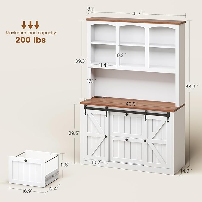 SEDETA 2 Drawer File Cabinet with Power Strip, 41” Farmhouse Filing Cabinet fits Legal, Letter, A4 Size Files for Home Office, Printer Stand with Storage Shelf, Bar Door and LED Lights, White