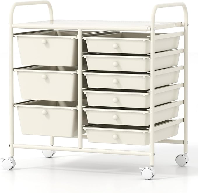 Moccha 9-Drawer Rolling Storage Cart - Under Desk Storage Drawers with wheels for Craft Art Supply Paper Salon, Scrapbook Paper Tools, Mobile Utility Cart for Classroom, White