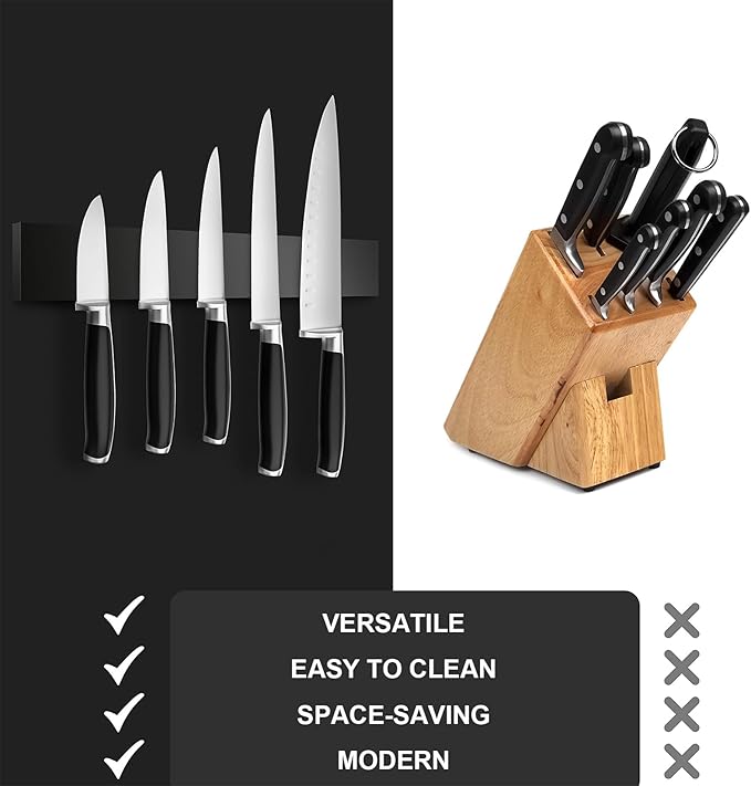 16 Inch Black Magnetic Knife Holder for Wall, No Drilling Adhesive Knife Strip with Powerful Magnet and Expanded Screws, Wall Mount Knife Rack for Knives, Includes Adhesive Tape (Black)