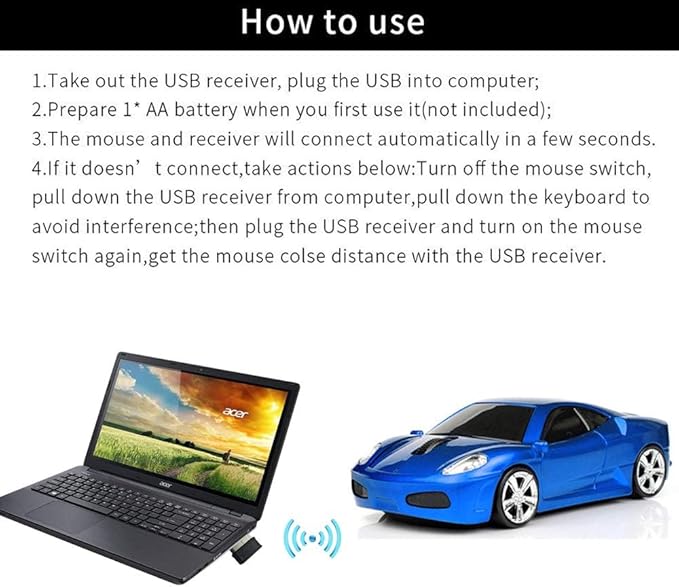 Jinfili 2.4Ghz Wireless Car Shape Mouse 3D Optical Gaming Mice USB Mini Receiver for PC Laptop Computer