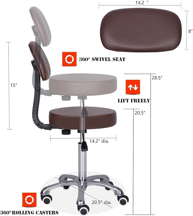 Kaleurrier Rolling Swivel Adjustable Heavy Duty Drafting Stool Chair for Hair Beauty Salon Medical Barber Hair Stylist Office Home Kitchen Uses,with Wheels and Back Support (Coffee)