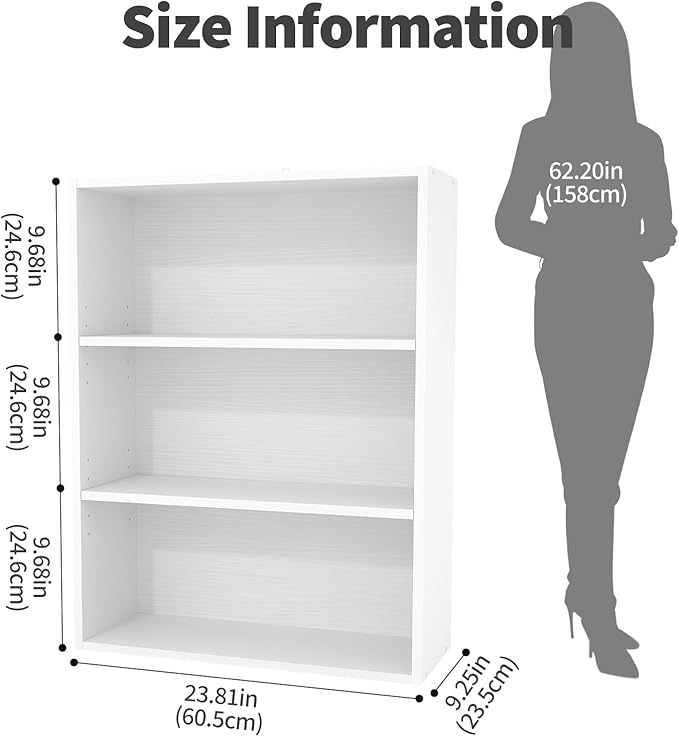Sweetcrispy Industrial 3 Shelf Bookcase - Large 31.5 Inch Tall Floor Standing Open Bookshelf for Home Office, Living Room, and Bedroom Storage, White
