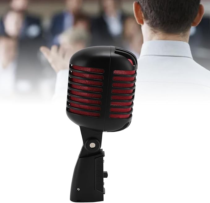 Classic Retro Microphone, Vintage Dynamic Microphone, Zinc Alloy Self Tensioning Rotating Rack, Unidirectional Cardioid Mic, Universal Stand Compatible (Black)