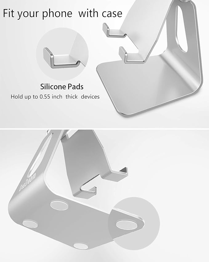 CreaDream Adjustable Cell Phone Stand, Phone Stand, Cradle, Dock, Holder, Aluminum Desktop Stand Compatible with Phone Xs Max Xr 8 7 6 6s Plus SE Charging, Accessories Desk,All Mobile Phones-Silver