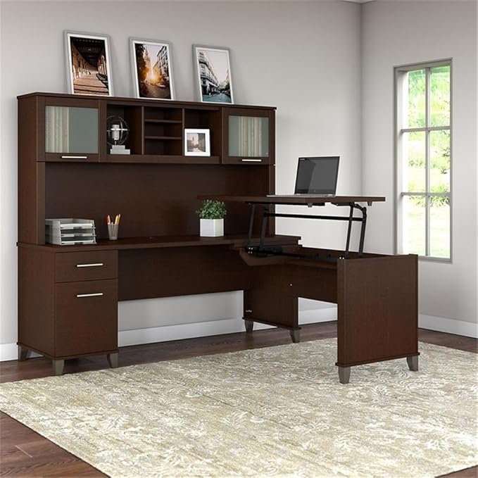 Pemberly Row 72W Sit to Stand L Desk with Hutch, Engineered Wood, Mocha Cherry Finish, Adjustable Height, Frosted Glass Doors, File Drawer, Office Workspace, Ergonomic Design for Home or Office Use