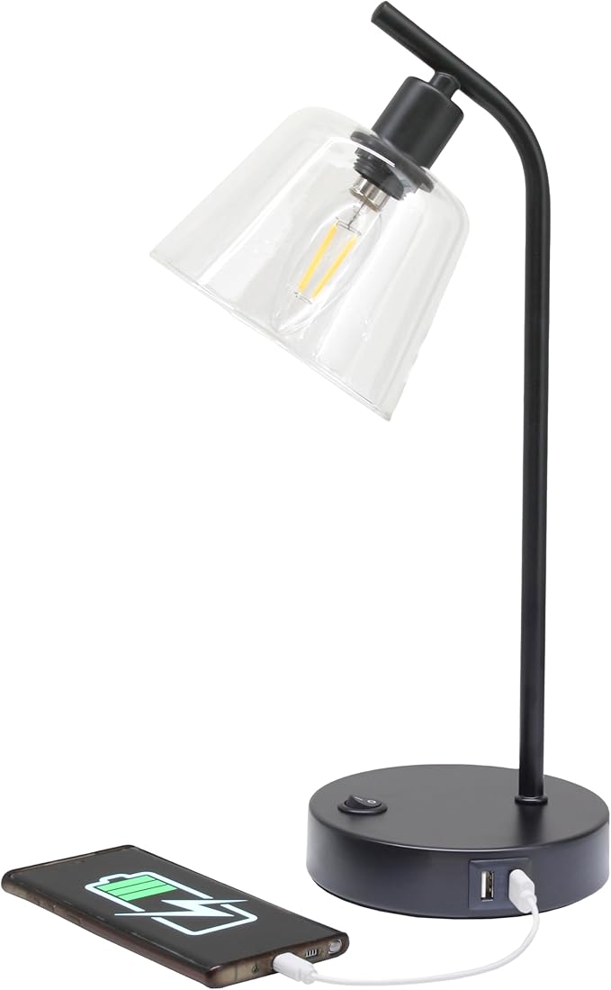 Simple Designs LD1074-BLK 15.75" Sleek Essentials Modern Industrial Metal Desk Lamp with Clear Glass Shade and Dual USB Ports, for Office, Desk, Nightstand, Dorm, Black
