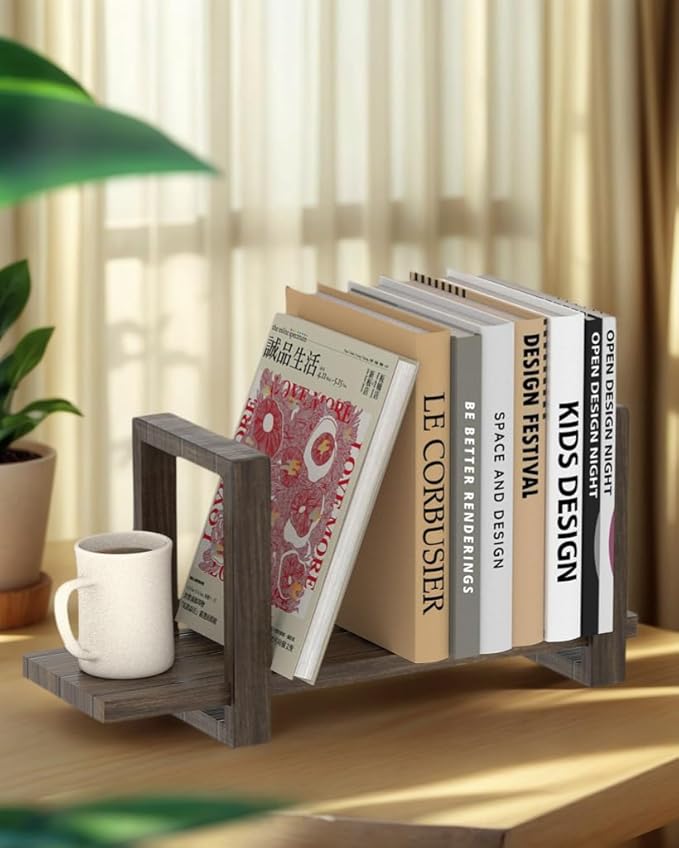 100% Solid Wood Adjustable Desktop Bookshelf, Retro Tabletop Bookshelf, Desk Shelf for Living Room, Home, Office, Perfect for Magazine, Books, Cookbooks, No Tools Required to Assemble, Dark Brown