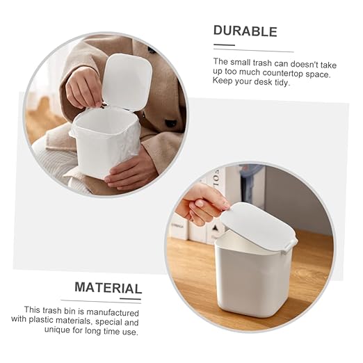 SOLUSTRE Slim Trash Can Lid Kitchen Garbage Can Desktop Trash Bin Plastic Mini Trashcan