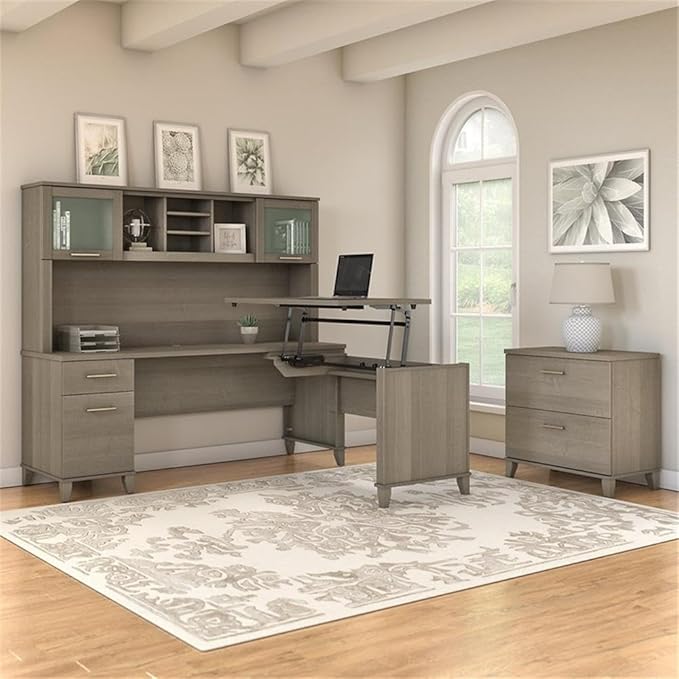 Bush Home Somerset 72W 3 Position Sit to Stand L Shaped Desk with Hutch and File Cabinet in Ash Gray