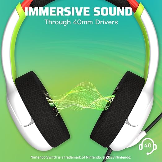 PDP AIRLITE Wired Headset, Officially Licensed Nintendo Switch/Lite/OLED, Lightweight Durable Headphones, 3.5mm audio jack, Noise-canceling Flip-to-Mute Mic, Mario Kart Radiant Racers, White/Red/Green