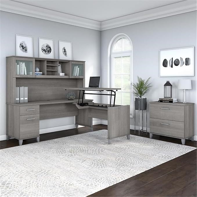 Bush Home Somerset 72W 3 Position Sit to Stand L Shaped Desk with Hutch and File Cabinet in Platinum Gray
