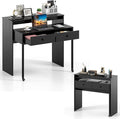 Giantex Small Computer Desk with Hutch & Drawers, Extendable Writing Desk w/Pull Out Secondary Table, Monitor Stand & Rolling Wheels, Console Table, Compact Desk for Small Spaces, Home Office (Black)
