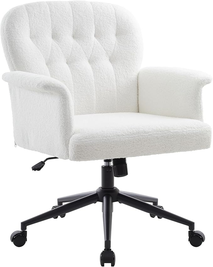 IWMH Home Office Desk Chair, Teddy Fabric Cozy Desk Chair with Wheels and Arms, Modern Upholstered High Back Wide Seat Vanity Chair for Bedroom Living Room Makeup (White)