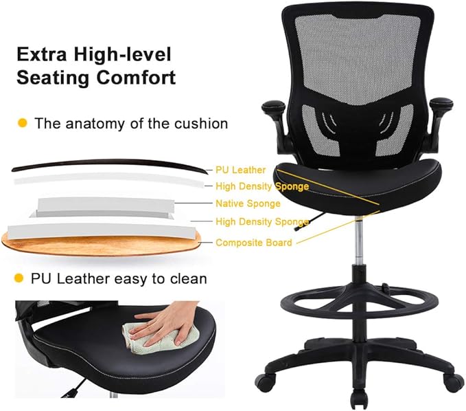 BestOffice Drafting Chair Ergonomic Tall Office Chair Standing Desk Chair with Flip Up Arms Foot Rest Back Support Adjustable Height Mesh Drafting Stool, Black