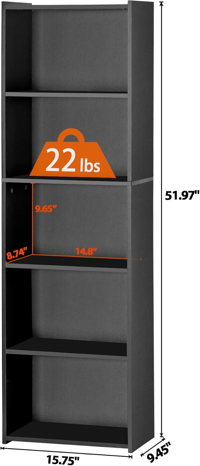 5 Tier Open Bookshelf, 52 Inch Bookcase Storage Rack for CDs Movies Book, Freestanding Wood Open Bookshelf for Living Room Bedroom Study Office, Black