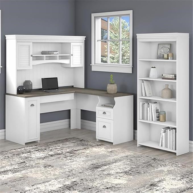 Pemberly Row Office Set, 60W L Desk with Hutch and 5 Shelf Bookcase, Engineered Wood, Pure White/Shiplap Gray Finish, Modern Farmhouse Style Home Office Furniture with Storage and Adjustable Shelves