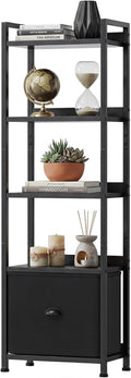Sweetcrispy 5-Tier Bookshelf with Fabric Drawer, Wood-Metal Standing Display Shelf, Multi-Functional Organizer for Books, CDs and Movies, Suitable for Bedroom, Living Room, Black