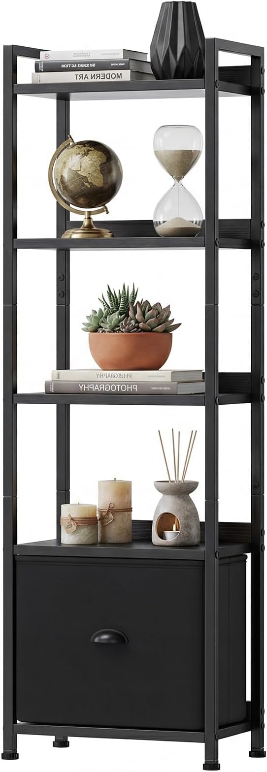 Sweetcrispy 5-Tier Bookshelf with Fabric Drawer, Wood-Metal Standing Display Shelf, Multi-Functional Organizer for Books, CDs and Movies, Suitable for Bedroom, Living Room, Black