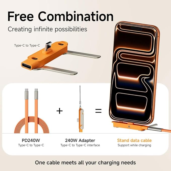 2 in 1 Invisible Holder Charger Cable with Stand,240W Super Fast Charging Cord with Detachable Foldable Stand,USB-C Charge Cable,Compatible with iPhone for Samsung for Gaming Office Car Travel