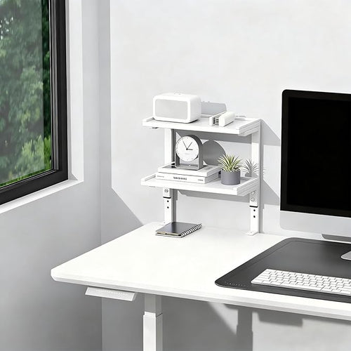2-Tier Desk Shelf, Expandable Under Desk Storage, Clamp on Desk Shelf, Desktop Accessories for Offices, Study Rooms, and Game Rooms (White)