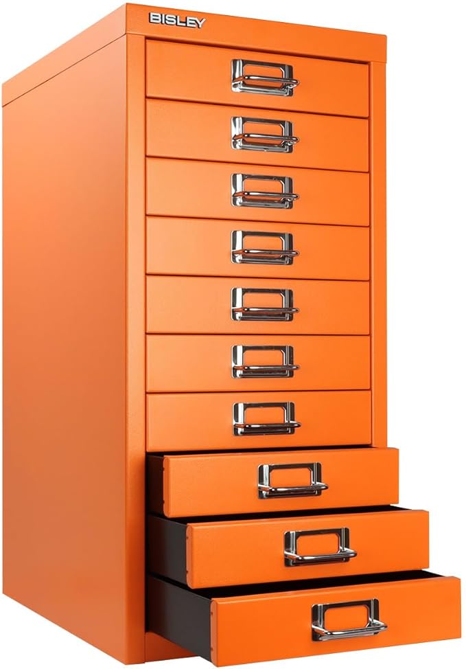 10-Drawer Steel MultiDrawer Cabinet - Bisley Orange, Chrome Pull Handles with Label Holders, Powder-Coated Steel, Removable Drawers, Fits Under Most Desks, Labels Included by Bisley