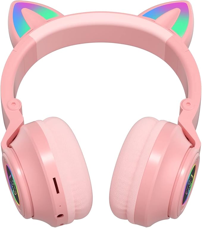 Cat Ear Bluetooth Headphones for Kids & Adults, Wireless Foldable & Wired Multi-Function LED Light Up Over Ear Headphones with Mic and Volume Control for iPhone/iPad/Laptop/PC (Pink 2)