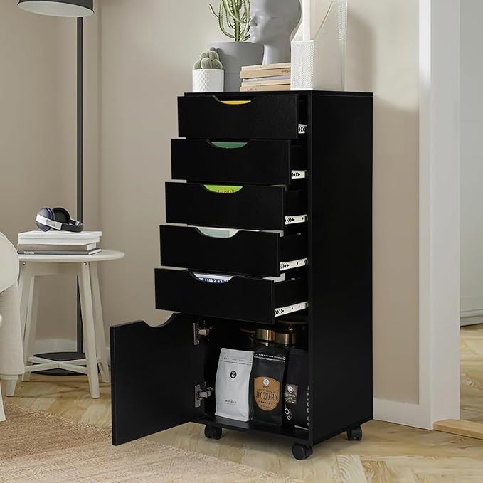 TUSY 5-Drawer Storage Cabinet, File Organizer with Caster Wheels, Chest of Drawers, Mobile File Cabinets, File Cabinets for Home Office, Under Desk Cabinet, Organization and Storage for Office, Black