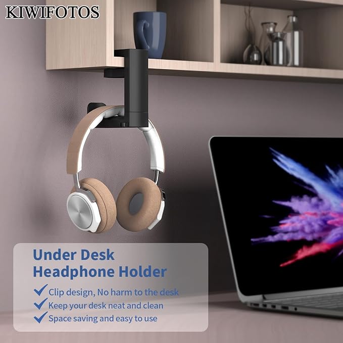 KIWIFOTOS Headphone Stand Holder Under Desk, PC Gaming Headset Hook Hanger Mount with 360 Adjustable Rotating Arm Clamp & Built in Cable Clip - Black