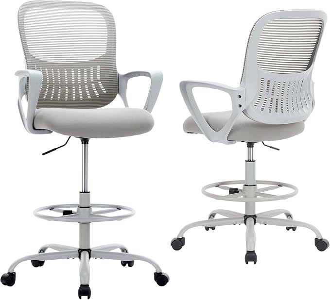 DUMOS Drafting Chair - Ergonomic Tall Office for Standing Desk, Counter with Height Adjustable and Comfortable Lumbar Support, Fixed Armrests, Grey