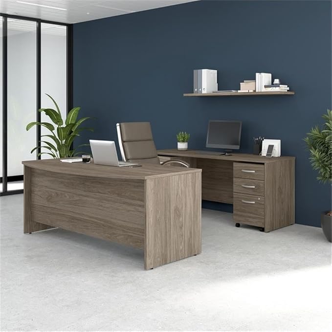 BOWERY HILL Office Desk Set, 72W Bow Front Desk, 72W Credenza, Engineered Wood, Modern Hickory Finish, Mobile File Cabinets with Full-Extension Drawers, Durable Workspace for Home Office Use