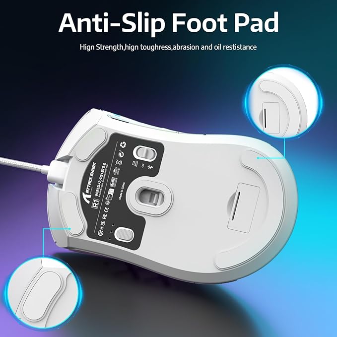 ATTACK SHARK R1 Wireless Gaming Mouse,Tri-Mode Connection (2.4G/Wired/BT5.2),55g Lightweight,18K DPI Optical Sensor,HUYU 20 Million Key Life,Ergonomic Design,for PC/Laptop/Win/Mac(White+Sticker)