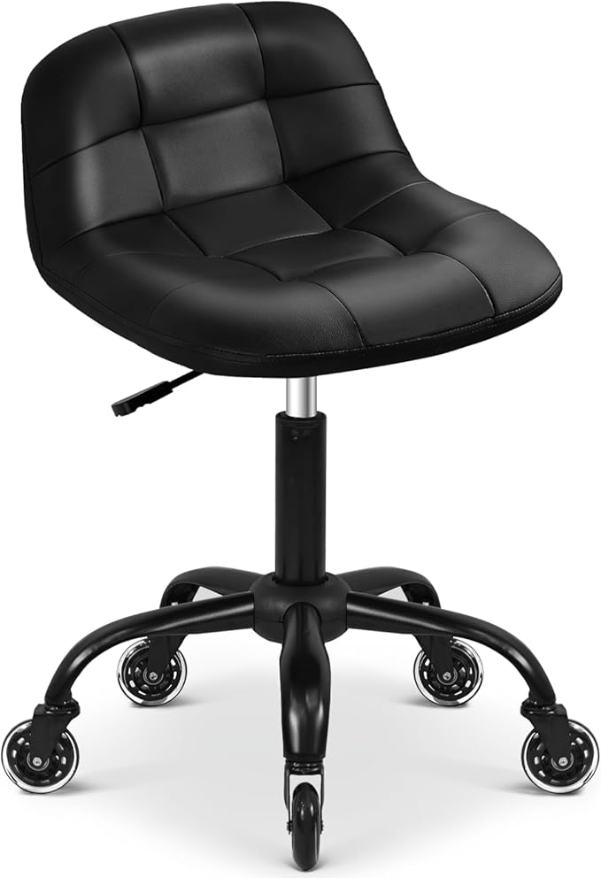 Rolling Shop Stool with Wheels, Rolling Stool with Back Support, 360° Swive Garage Chair, Height Adjustable Chair 330lb Heavy Duty for Spa Salon Massage Home Office Tattoo (Black)