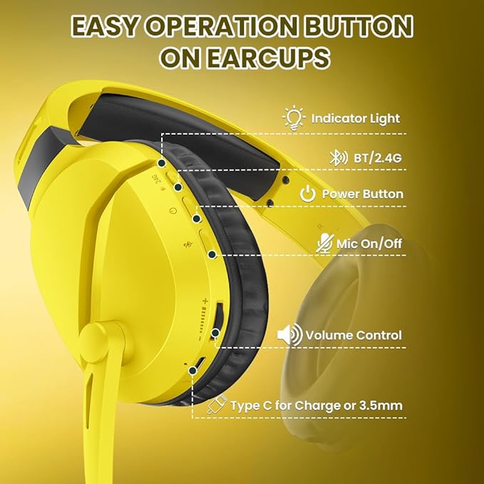 WolfLawS Wireless Gaming Headset with Noise Canceling Microphone for PS5, PC, PS4, 2.4G/Bluetooth Gaming Headphones with USB and Type-c Connector, Wired Mode for Controller - Yellow
