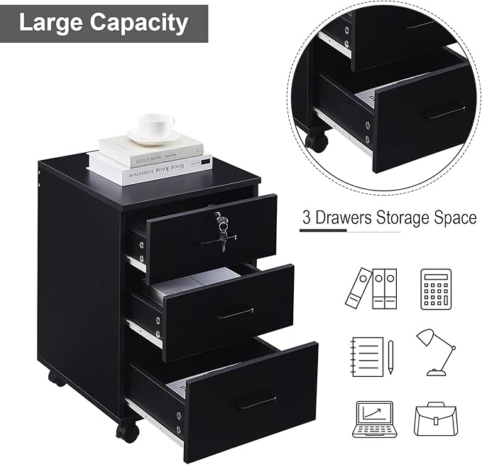 OFCASA 3 Drawer Mobile File Cabinet with Lock, Wooden Under Desk Filing Cabinet with Wheels, Small Rolling Storage Cabinet for Home Office Organizer A4/Letter Size/Legal, Black