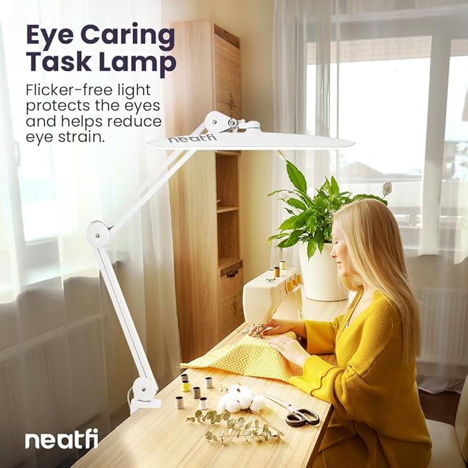 Neatfi XL 2200 Lumens 20W LED Desk Lamp with Clamp – Adjustable Color Temperature | 4-Level Dimmable Light | Home Office, Crafts & Workbench | 20-Inch Wide Head (White, CCT with Clamp)
