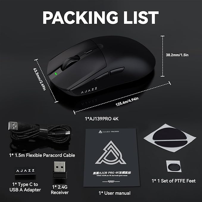 ATTACK SHARK AJ139 G Pro Gaming Mouse 4K Polling Lightweight PAW 3395 Sensor Receiver up to 26,000DPI 6 Programmable Button USB-C Charging Ergonomic Symmetric for Xbox PS4 PC Mac Gamer