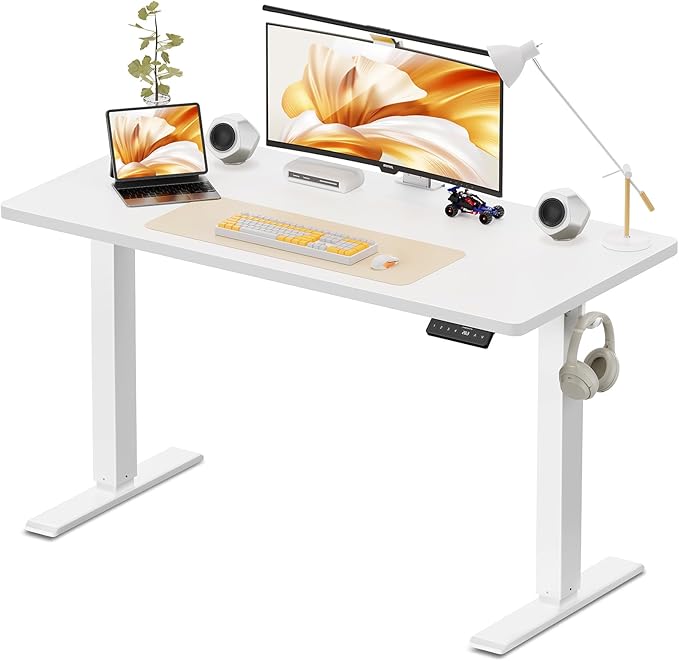 WALKINGDESK 48x24 Inches Height Adjustable Electric Standing Desk with 2 Hooks for Home Office, Ergonomic Sit Stand up Desk with Splice Board, White