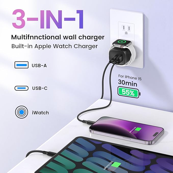 PD 20W USB C Charger Block for Apple Watch,3-in-1 Charging Station with Built-in Wireless Charger, Dual Ports Compatible with Apple Watch, iPhone, AirPods, Black