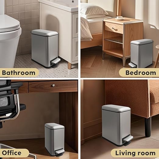 Small Bathroom Trash Can with Lid, Trash Can with Removable Liner, Soft Close lid & Step Pedal, Stainless Steel Trash Bin for Bathroom,Bedroom,Home Office (Grey, 1.3 Gallon)