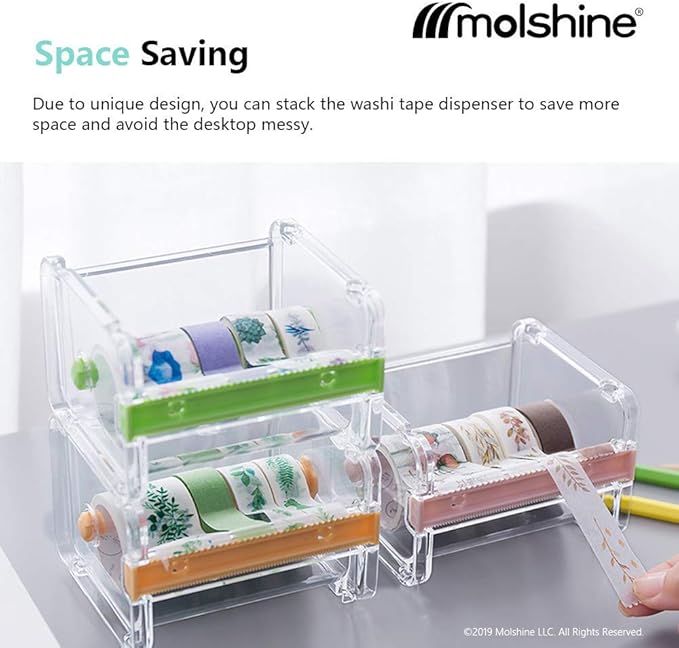 molshine 2 Pack Transparent Desktop Multi Washi Masking Tape Storage Dispenser,Tape Cutter,Tape Roll Holder (Not Include Masking Tape) (Yellow)