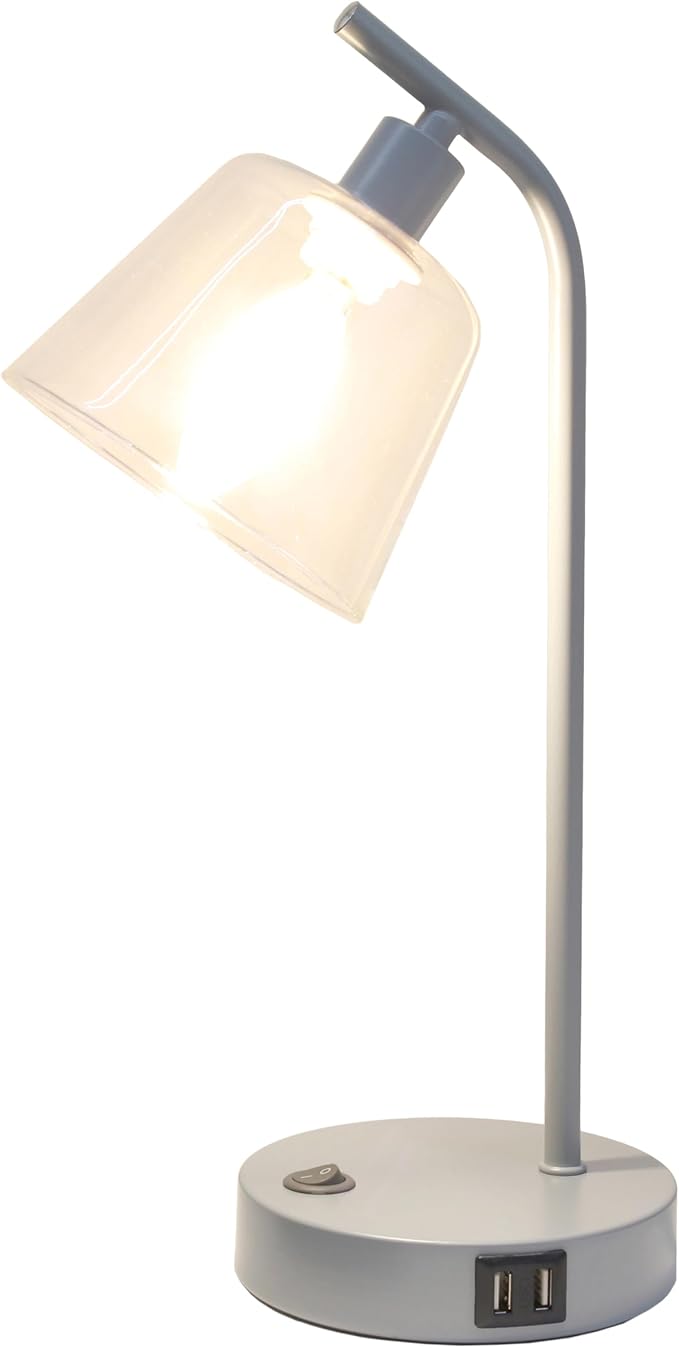 Simple Designs LD1074-GRY 15.75" Sleek Essentials Modern Industrial Metal Desk Lamp with Clear Glass Shade and Dual USB Ports, for Office, Desk, Nightstand, Dorm, Gray